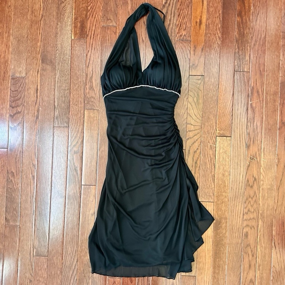 Blondie Nites Linda Bernell Black Silver Embellished Halter Cocktail Dress